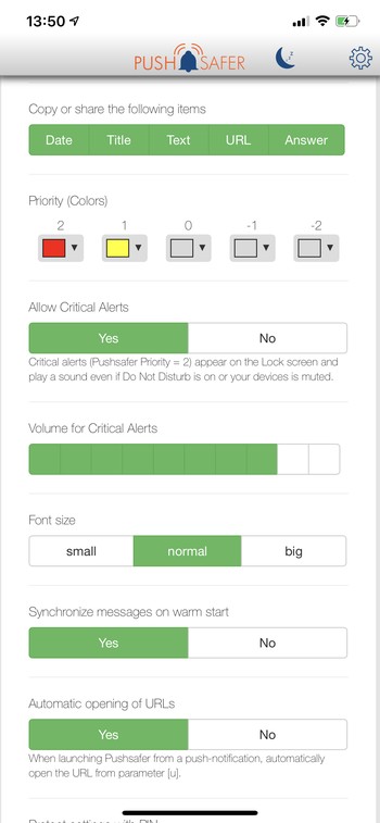 Pushsafer APP Einstellungen