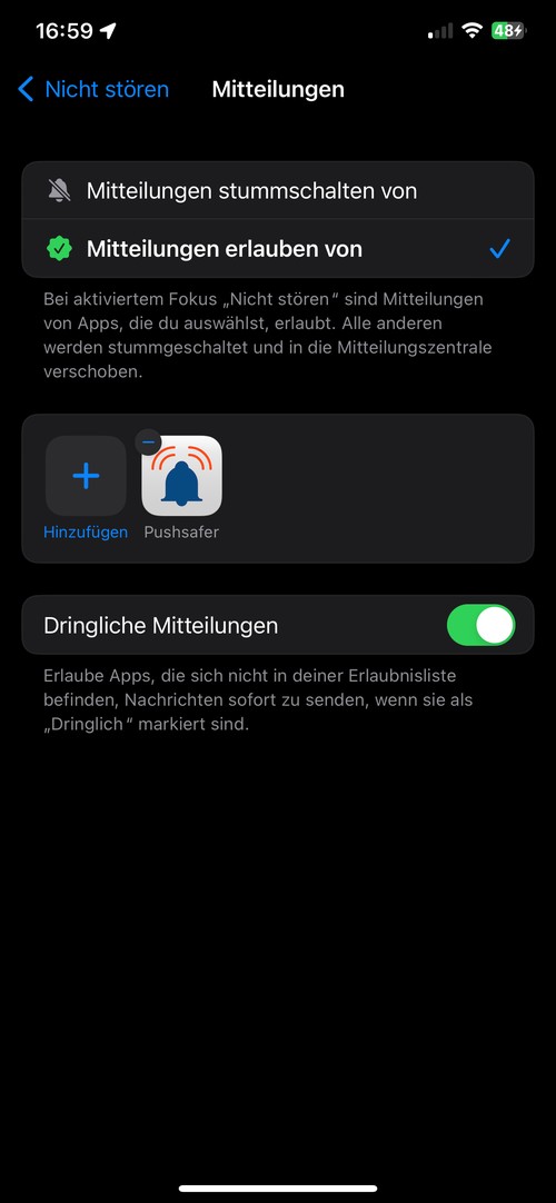 Pushsafer Fokus Einstellungen APP Einstellungen