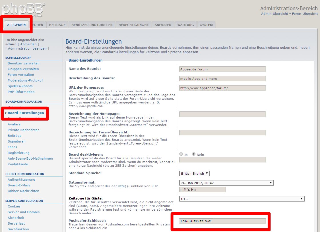 Pushsafer phpBB Board Admin Konfiguration