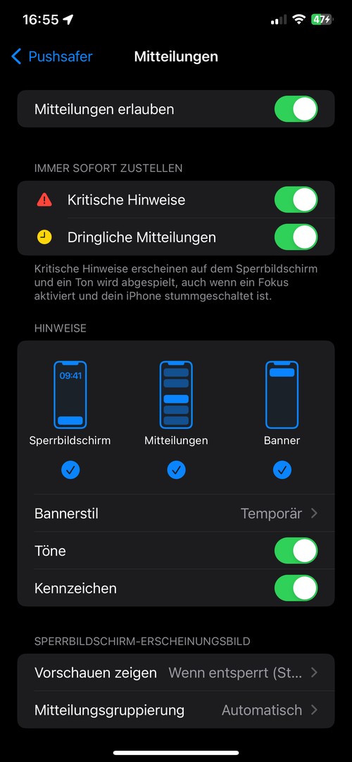 Pushsafer APP Einstellungen