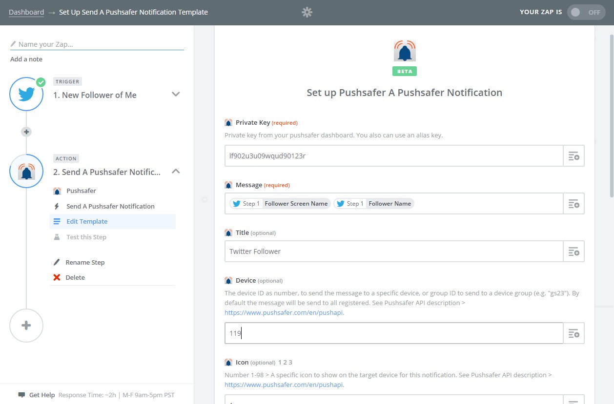 Pushsafer mit Zapier - richte das Pushsafer Action Template ein