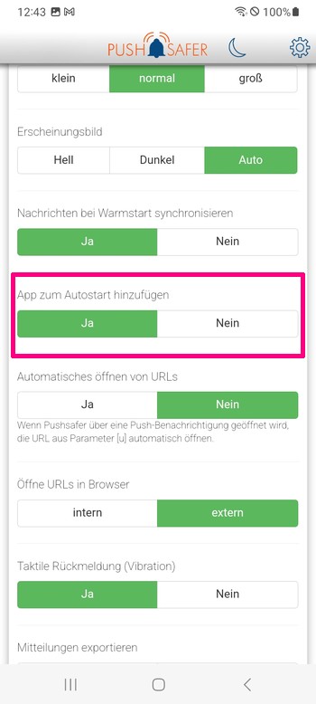 Android Pushsafer zum Autostart hinzufügen inApp Einstellung