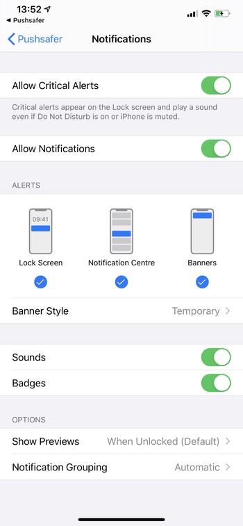 Pushsafer Permissions APP Settings