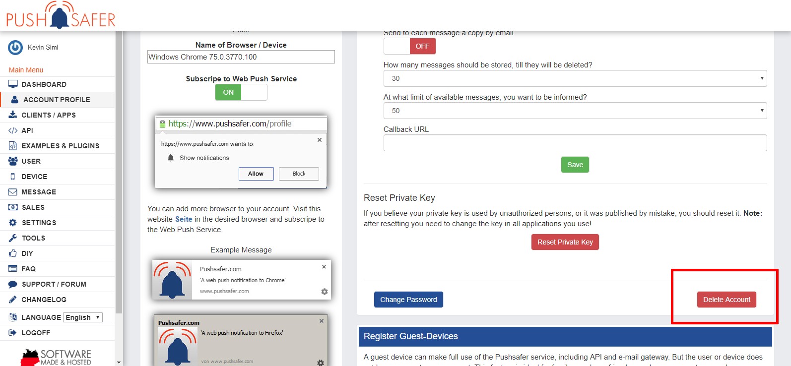 Pushsafer delete Account