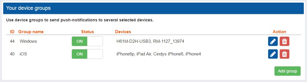 Pushsafer device groups