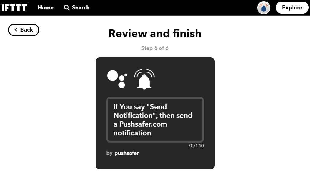 Review and finish the action! - Pushsafer works with IFTTT