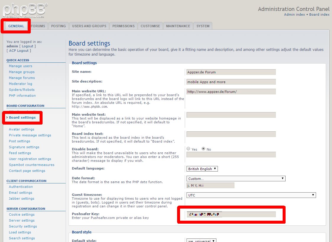 Pushsafer phpBB Board Admin Configuration