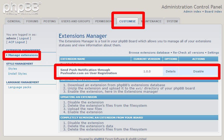 Pushsafer phpBB Board Admin Install