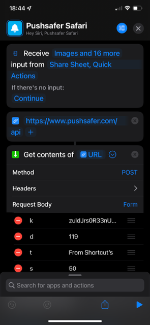 Pushsafer Shortcuts in iOS MacOS Siri ActionSheets Automation 03