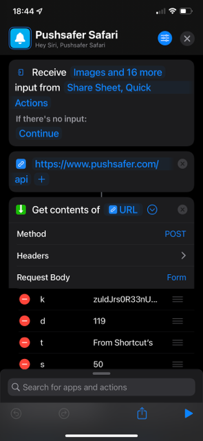 Pushsafer Shortcuts in iOS MacOS Siri ActionSheets Automation 03