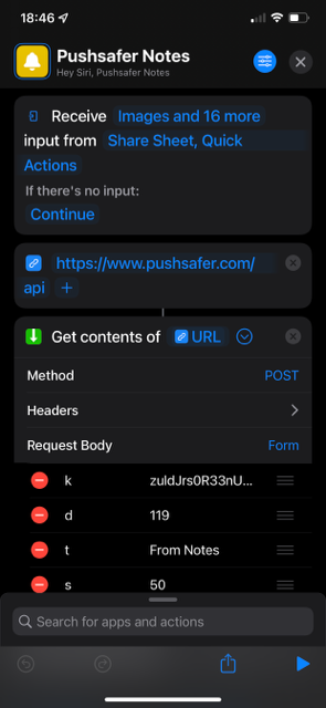 Pushsafer Shortcuts in iOS MacOS Siri ActionSheets Automation 09