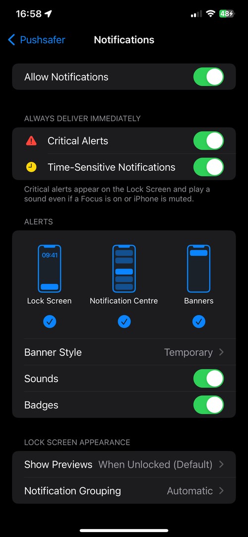 Pushsafer APP Settings