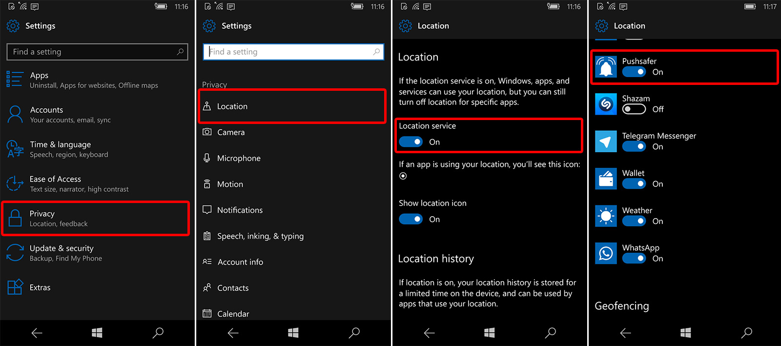 Pushsafer Location Tracking Permissions Windows 10